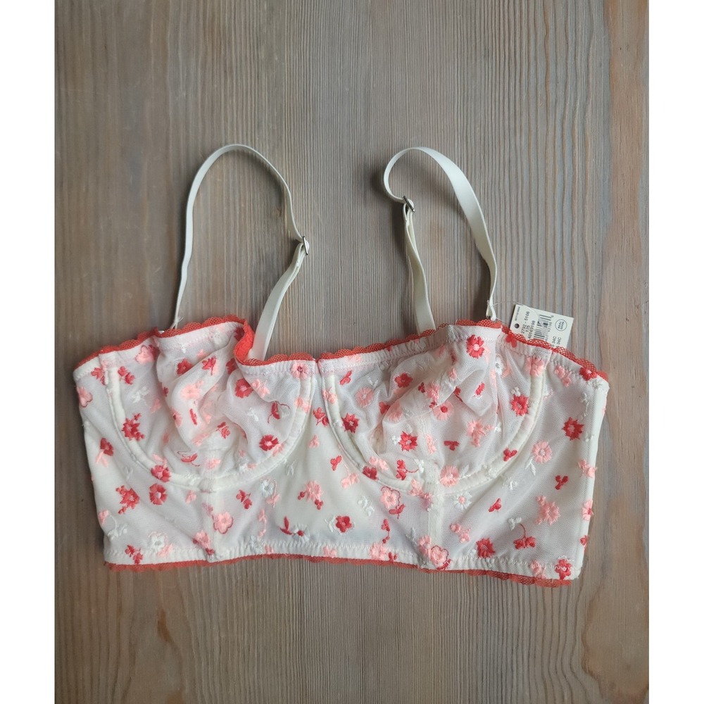 Aerie Floral Mesh Balconette Underwire Bra 34C Cream Pink Red Embroidered NWT